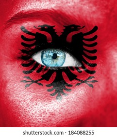 Woman Face Painted With Flag Of Albania