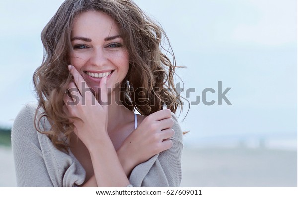 Woman Face Portrait On Beach Happy Stock Photo Edit Now - 