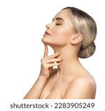 Woman Face Profile. Beautiful Girl Portrait Side view isolated White. Beauty Model pointing with Finger on Perfect Chin and Neck. Facial Lifting Massage and Plastic Surgery Concept