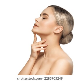 Woman Face Profile. Beautiful Girl Portrait Side view isolated White. Beauty Model pointing with Finger on Perfect Chin and Neck. Facial Lifting Massage and Plastic Surgery Concept