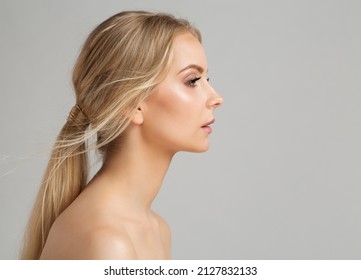 Woman Face Profile. Young Girl Portrait With Smooth Healthy Skin. Model Facial Side View Over Gray. Body And Neck Skin Care Cosmetology