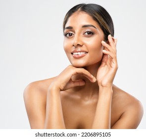 Woman Face Skin Care Cosmetic. Indian Beauty Model showing Perfect Chin and Cheekbones. Women Facial Treatment and Health. Beautiful Girl doing Anti Aging Face Lift Massage over White - Shutterstock ID 2206895105
