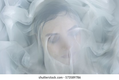 Woman Face Under White Fabrics Water Stock Photo 573589786 