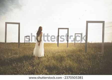 woman faced with the choice of multiple possibilities of surreal doors for her future life; abstract concept