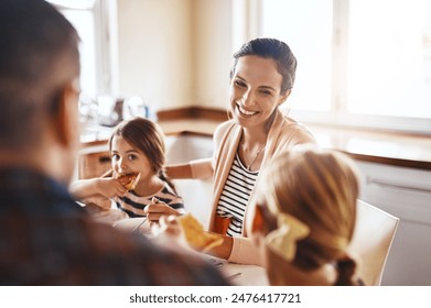 Woman, family and eating breakfast kitchen for bonding, love and care or healthy nutrition in morning of kid development. Parents, children and diet food, meal and lunch wellness growth at house