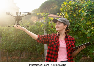 Woman Farmer Controls Drone With A Tablet. Smart Farming And Agriculture 4.0