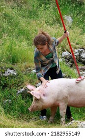 Woman Farmer Lovely Taking Care Of A Domestic Pig Outdoors