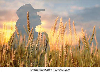 Woman farmer multiple exposure silhouette in cowboy hat at wheat field.