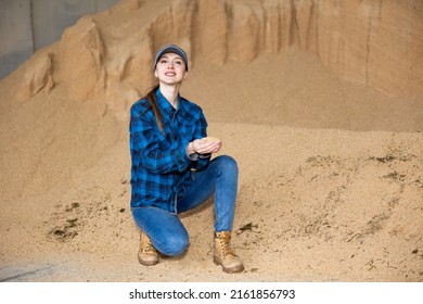 Woman Farmer Squatting At Heap Of Soybean Husk In Fodder Storage.