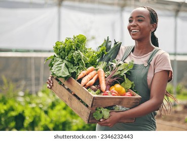 Woman, farming and vegetables in greenhouse for agriculture, supply chain or business with green product in basket. Happy African farmer or supplier with gardening for NGO, nonprofit or food security