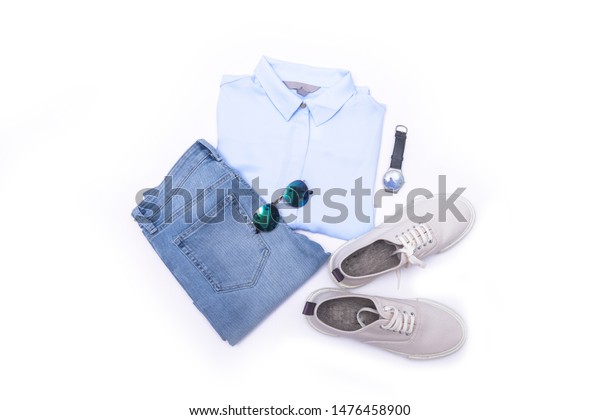 blue denim jeans and white shirt