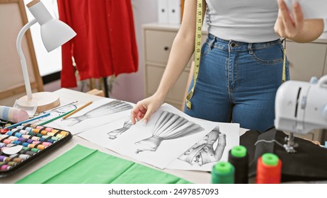 A woman fashion designer reviews sketches in a sewing atelier with fabrics and a sewing machine visible. - Powered by Shutterstock