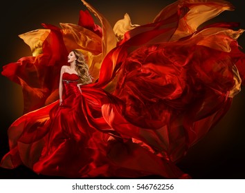 Woman Fashion Dress Flying Red Fabric, Beautiful Girl Waving Silk Cloth on Wind
