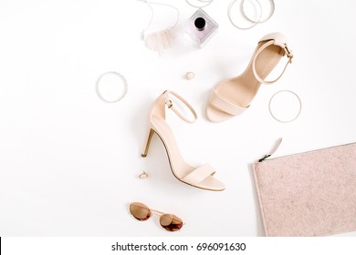 Woman Fashion High Heels And Accessories Collage On White Background. Flat Lay, Top View Feminine Background.