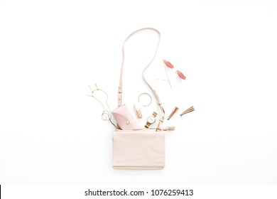 Woman Fashion Trendy Accessories Set: Purse, Sunglasses, Watch, Bracelet, Necklace, Lipstick, Earrings On White Background. Flat Lay, Top View Stylish Pastel Pink Concept.