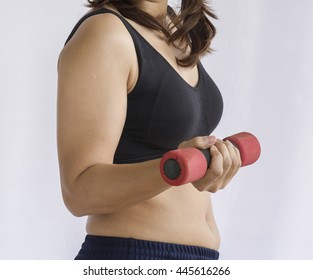 Woman Fat Belly Holding A Small Dumbbell, Want To Exercise To Good Shape 04