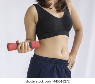 Woman Fat Belly Holding A Small Dumbbell, Want To Exercise To Good Shape 05