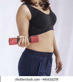 Woman Fat Belly Holding A Small Dumbbell, Want To Exercise To Good Shape 02