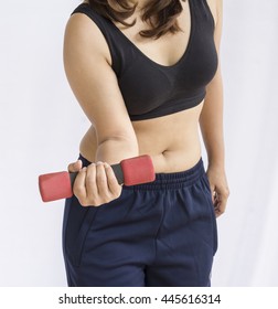 Woman Fat Belly Holding A Small Dumbbell, Want To Exercise To Good Shape 01