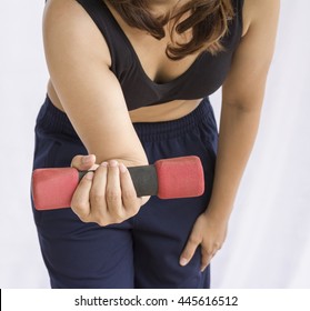 Woman Fat Belly Holding A Small Dumbbell, Want To Exercise To Good Shape 03