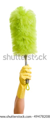 Woman with Feather Duster on White