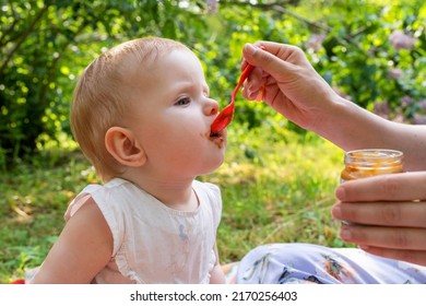 Woman Feeding Child With Spoon. Mom Feed Baby With Pureed Food. Mom And Daughter In A Dress Spend Their Leisure Time In The Park In The Summer