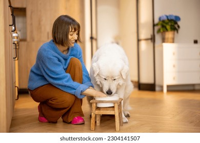 Woman feeds her huge white dog at home. Concept of dog nutrition and lifestyle at home. Maremma shepherd dog - Powered by Shutterstock