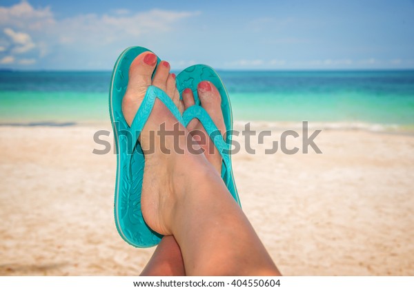 Woman Feet Blue Flip Flops Beach Stock Photo (Edit Now) 404550604