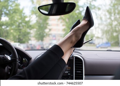 Woman Feet Heels On Car Dashboard Car Interior