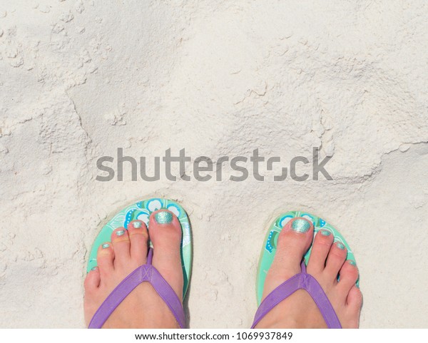 Woman Feet Slippers On Beach Young 
