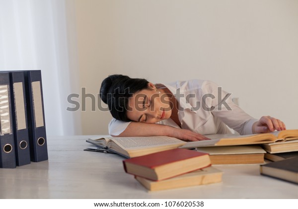 Woman Fell Asleep Table Reading Book Stock Photo Edit Now