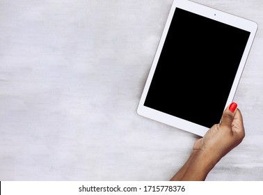 Woman Or Female Holding Tablet With Blank Black Copy Space Display Screen Flat Lay