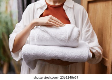 Woman female white closeup hotel towel soft clean hygiene laundry home - Shutterstock ID 2361248639