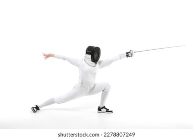 Woman in a fencing costume with a sword in hand isolated on white background