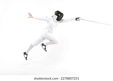 Woman in a fencing costume with a sword in hand isolated on white background - Powered by Shutterstock