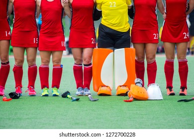 Woman field hockey team before the match. Training and field hockey tournament. Sports teams competition - Powered by Shutterstock