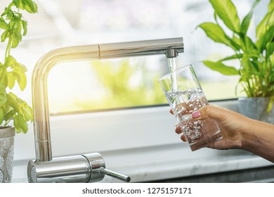 Woman Filling Glass With Water From Faucet In Kitchen