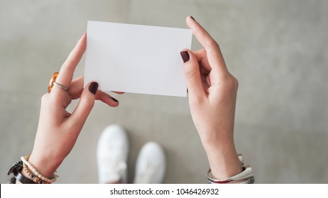 Woman Finger  Both Hand Holding White Card