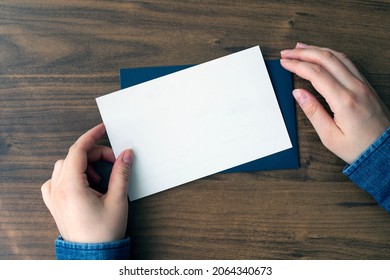 Woman Finger Both Hand Holding White Card