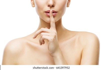 Woman Finger on Mouth, Quiet Lips Silence Sign, Face Beauty and Skin Care Secret