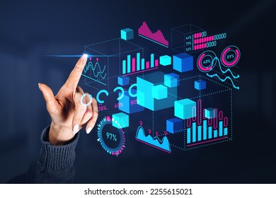 Woman finger touch digital metaverse hologram with research diagrams, floating data blocks with indicators and analysis. Concept of virtual reality and statistics - Powered by Shutterstock - Get 15% off with code: PIKWIZARD15