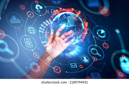 Woman finger touch earth globe with digital connection hud hologram, virtual screen. Online communication in metaverse. Concept of global internet