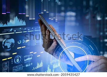 Woman finger touch electronic tablet, virtual screen with stock market changes, business bar chart. Double exposure of binary code, pie chart and graphs. Concept of online trading