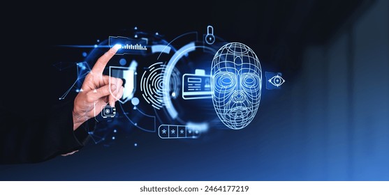Woman finger touch face id hologram with biometric verification, virtual screen with password, padlock, indicators and personal information. Concept of data security and online protection