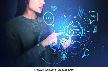 Woman finger touch phone, hologram of voice chat. Bot icon and social network signs, double exposure. Artificial intelligence, binary. Concept of support and service