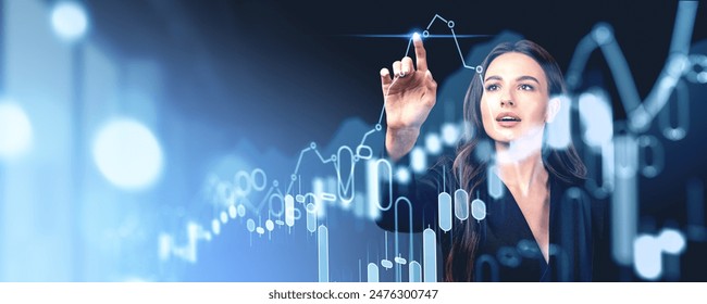 Woman finger touch virtual screen with forex stock market hologram, lines dynamics and candlesticks. Concept of online trading, financial consulting and investment - Powered by Shutterstock