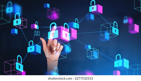 Woman finger touching glowing padlock icon with data blocks hud. Double exposure with blockchain and information protection in cyberspace. Concept of cybersecurity and data privacy - Powered by Shutterstock - Get 15% off with code: PIKWIZARD15