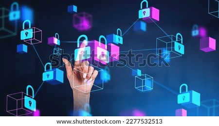 Woman finger touching glowing padlock icon with data blocks hud. Double exposure with blockchain and information protection in cyberspace. Concept of cybersecurity and data privacy