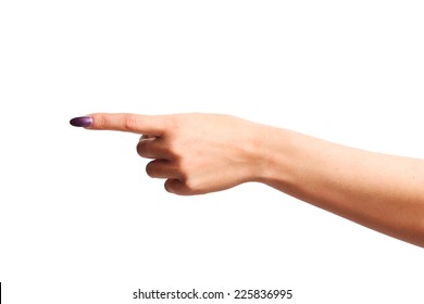 Woman Finger Wearing Purple Varnish And Pointing Out