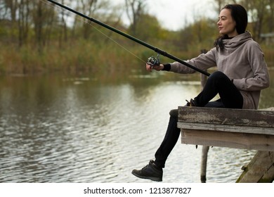 Woman Fisher Sitting On Summer Sea Stock Photo 1213877827 